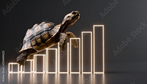 tortoise climbing glowing bar graph, symbolizing slow and steady progress.