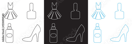 Fashion and beauty icon collection. Mirror, shower, dress, jewelry, cosmetics icons. Vector for websites, mobile interfaces, presentations, banner, visual branding etc. Vector illustration. EPS 10