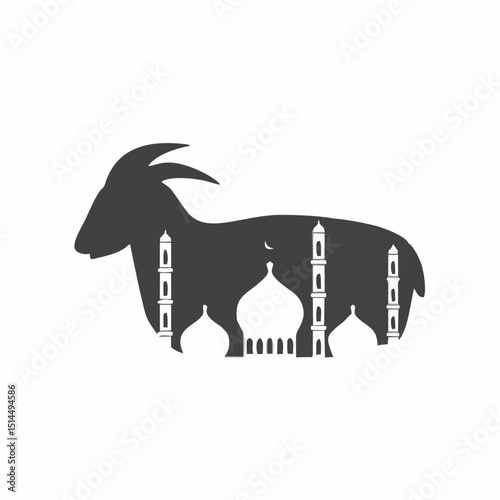 goat silhouette, mosque silhouette, minimalist illustration, geometric shapes, monochrome, digital art, vector graphics
