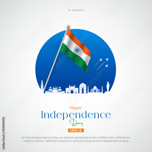 Happy Independence Day India Post and Greeting Card Design. 15 August - Indian Independence Day Celebration Flyer Template with Text