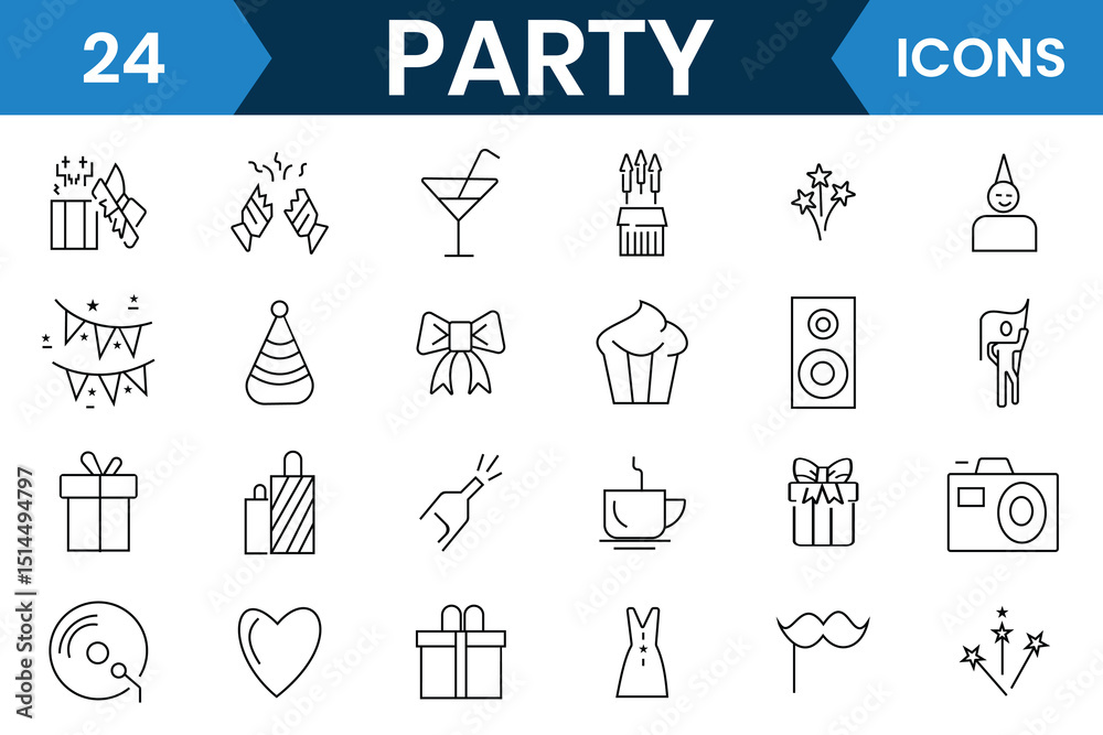 Fototapeta premium Party icons set collection. Birthday party line icon vector such as, Bouquet of flowers, Karaoke, cake, Dj, Masquerade, confetti, and more. Vector illustration.
