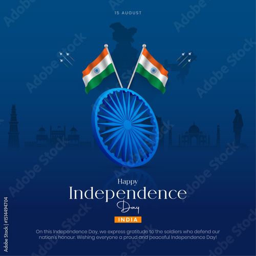 15 August - Happy Independence Day India Social Media Post and Greeting Card. Indian Independence Day Celebration Flyer Template with Text