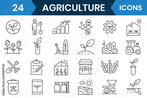 Agriculture icon set collection. Outline icons of agricultural, wheat, crop, corn, tractor, sunflower, rain, fields, fertilizer, pesticide, farmer editable icon. Vector illustration.