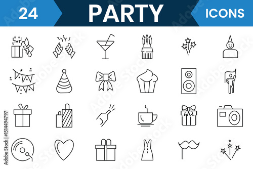 Party icons set collection. Birthday party line icon vector such as,  Bouquet of flowers, Karaoke, cake, Dj, Masquerade, confetti, and more. Vector illustration.