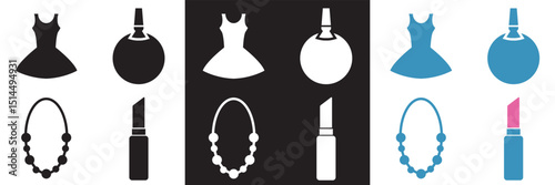 Fashion and beauty icon collection. Mirror, shower, dress, jewelry, cosmetics icons. Vector for websites, mobile interfaces, presentations, banner, visual branding etc. Vector illustration. EPS 10