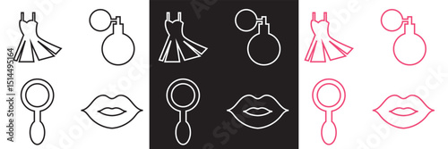 Fashion and beauty icon collection. Mirror, shower, dress, jewelry, cosmetics icons. Vector for websites, mobile interfaces, presentations, banner, visual branding etc. Vector illustration. EPS 10
