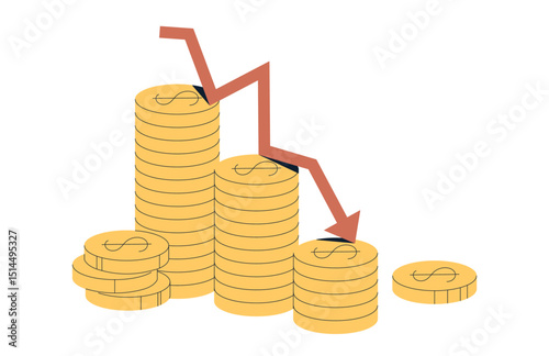 Recession and economic downturn, falling coin stacks, red arrow indicating decline, financial crisis, market loss, money devaluation, inflation impact, negative trend chart flat vector illustration.