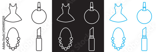 Fashion and beauty icon collection. Mirror, shower, dress, jewelry, cosmetics icons. Vector for websites, mobile interfaces, presentations, banner, visual branding etc. Vector illustration. EPS 10