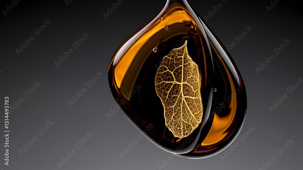 Golden leaf encased in translucent amber droplet floating in minimal dark space with soft glow

