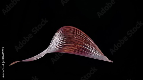 Twisting metallic ribbon structure with glowing copper reflections flowing through dark minimal space

