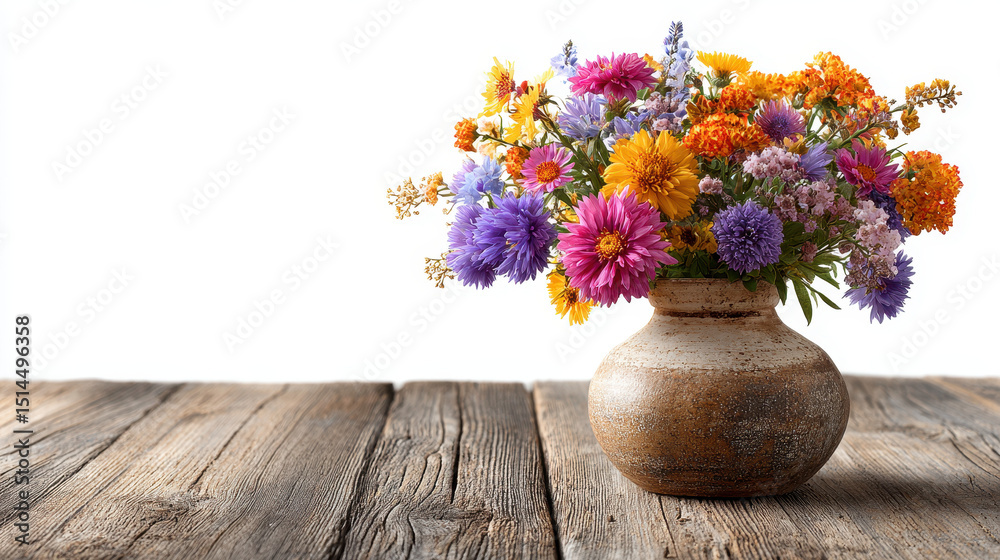 Vibrant mixed flower bouquet arrangement in rustic ceramic vase on wooden surface with white background for home decor or floral display Vibrant mixed flower bouquet arrangement in rustic ceramic vase on wooden surface with white background for home decor or floral display