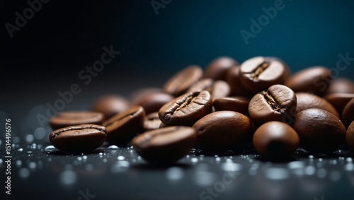 A close-up of rich, roasted coffee beans scattered on a dark surface, their glossy texture catching the light. The deep brown hues and subtle sheen evoke the warm, inviting aroma of freshly brewed