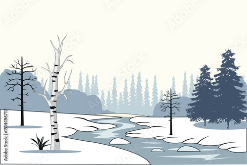 Winter landscape small yard and wood daytime