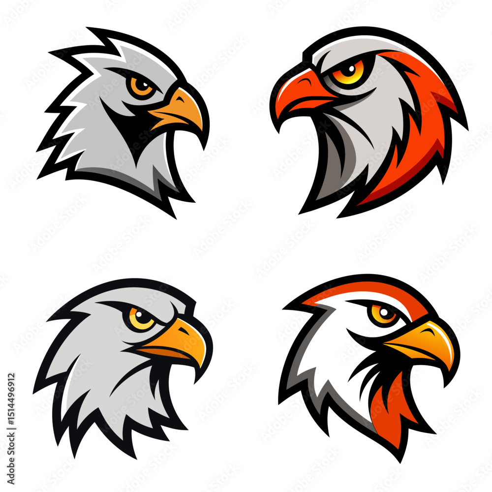 Fototapeta premium Collection of four stylized eagle head profiles with varying color schemes and design elements