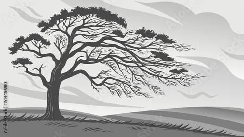 Tree Silhouette Bending in Hurricane Winds – Dramatic Storm Vector Illustration