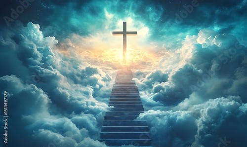 Stairway leading up to heaven toward the cross. Christian illustration. Generative Ai
