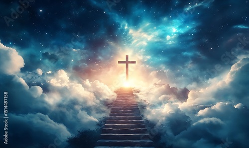 Stairway leading up to heaven toward the cross. Christian illustration. Generative Ai