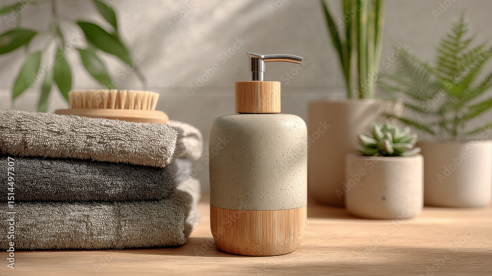 Elegant minimalist bathroom setting with natural wooden soap dispenser, plush towels, and potted greenery creating a calming and modern decor atmosphere Elegant minimalist bathroom setting with natural wooden soap dispenser, plush towels, and potted greenery creating a calming and modern decor atmosphere