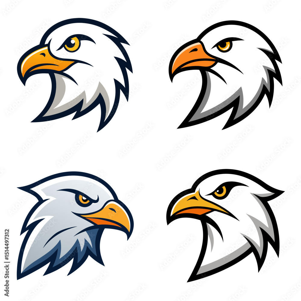 Fototapeta premium Collection of four stylized eagle head illustrations with sharp beaks and intense eyes