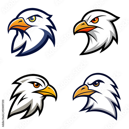 Four eagle head illustrations with varying eye colors and slight design differences displayed clearly