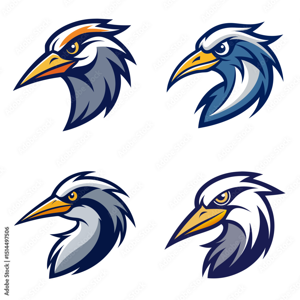 Fototapeta premium Four stylized bird heads with sharp beaks and intense eyes in a square arrangement on a white background