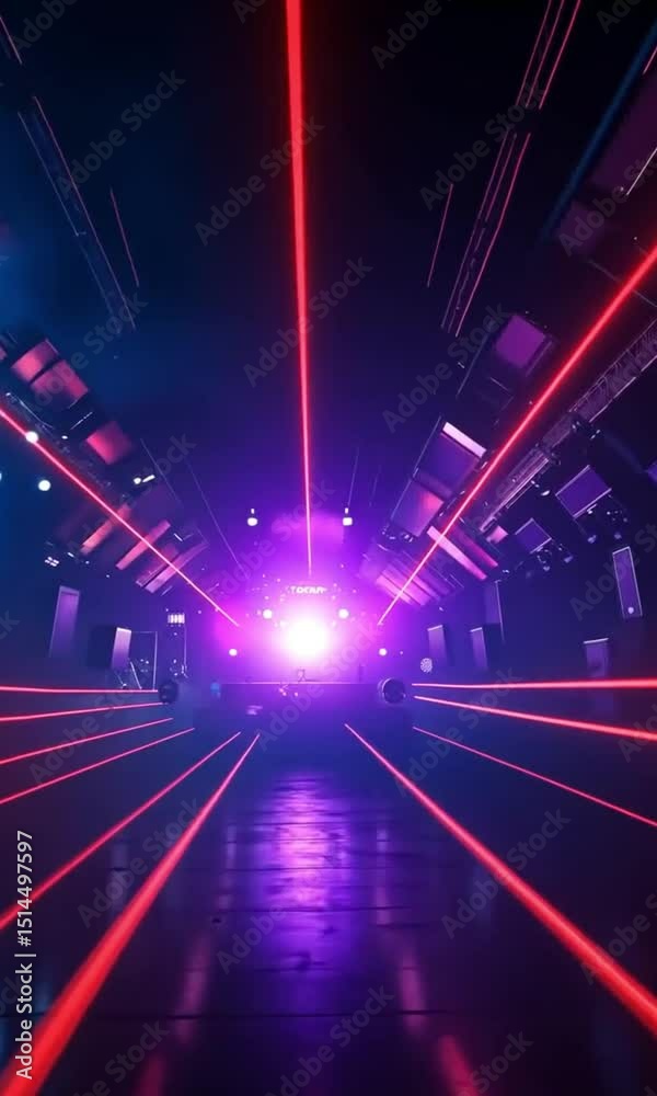 Futuristic laser light show in the stage design of a night club.