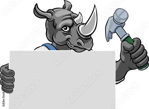 A rhino handyman or carpenter cartoon construction man mascot character holding a hammer tool