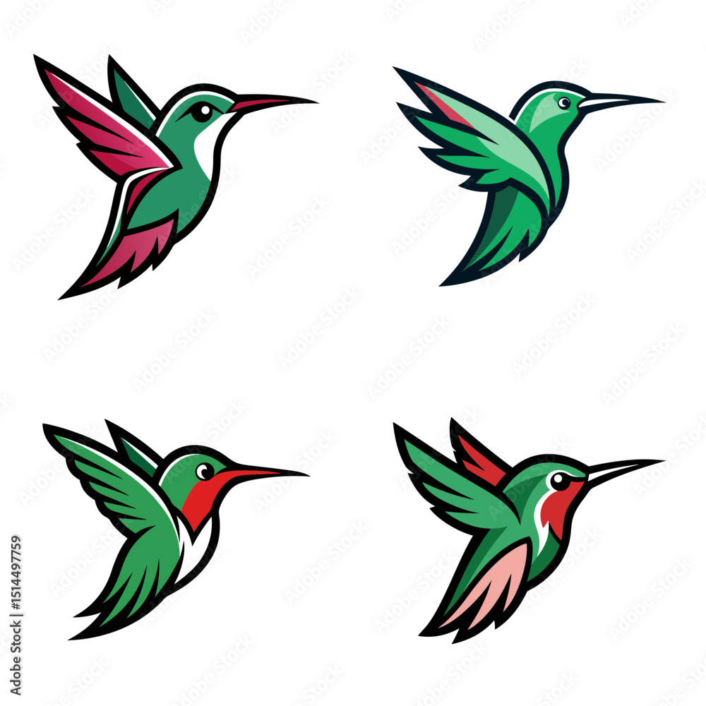 Obraz premium Illustration of four green and red hummingbirds in flight with different wing positions and color schemes