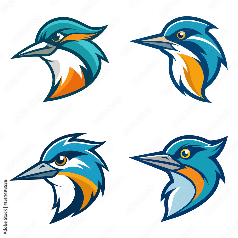 Fototapeta premium Collection of four stylized kingfisher bird head illustrations with blue and orange plumage design