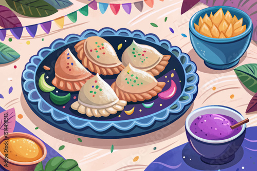 Amazing Holi food illustration vector featuring Gujiya, a popular festive treat in Indian culture cartoon