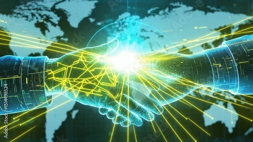Futuristic digital handshake between two holographic hands over glowing world map, symbolizing trust and collaboration in global business , video download