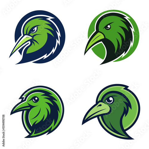 Illustrations showing four kiwi bird head logos with green feathers and sharp beaks in circular frames
