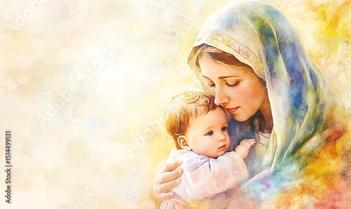 Watercolor painting of Mary and Baby Jesus with a soft gradient background. Generative Ai