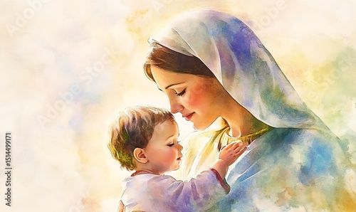 Watercolor painting of Mary and Baby Jesus with a soft gradient background. Generative Ai