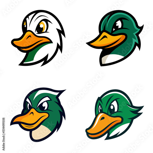 Collection of four cartoon duck head illustrations with varying colors and expressions shown