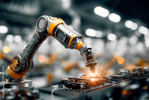 工場で働く産業用ロボットアームのイメージ。金属部品を溶接・加工しているシーン