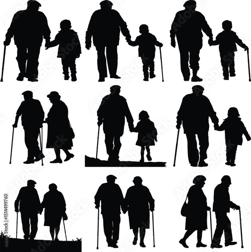 Silhouettes of grandparents and grandchildren walking