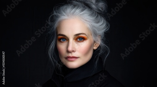 Woman with silver hair and bold makeup