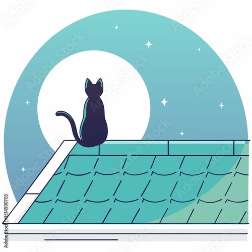 Cat Silhouette on Rooftop Under Moonlight – Night Scene Vector Illustration photo