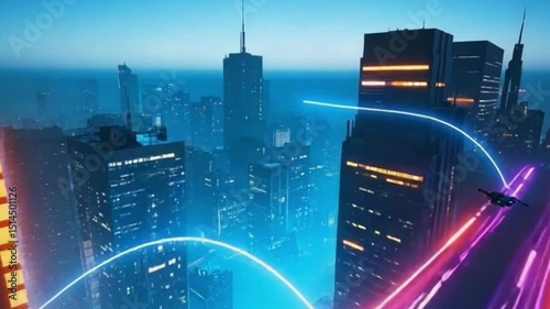 Futuristic sci-fi city at night with glowing skyscrapers, neon lights, water reflections, and dramatic lighting in a highly detailed cyberpunk matte painting style | video download