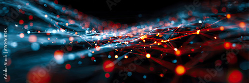 Abstrakte Darstellung von vernetzten Partikeln, Lichtimpulsen und digitalen Strukturen, inspiriert von neuronalen Netzwerken, Energieflüssen und futuristischer Technologie.