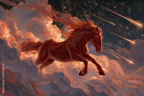 Majestic fire horse galloping through the night sky, celestial clouds, comet trails, glowing mane, Chinese New Year fantasy illustration, rich reds and golds, dramatic lighting