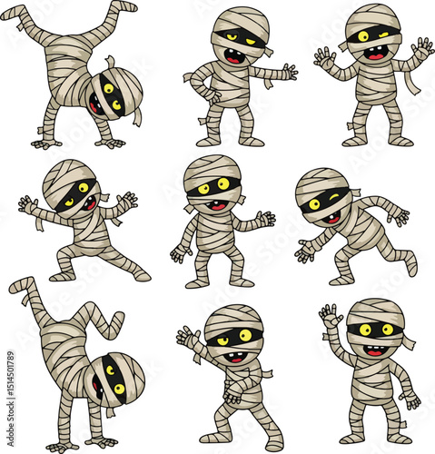 Dynamic Cartoon Mummy Character Poses Playful and Energetic Illustrations for Halloween Fun, Kids' Animations, and Spooky Game Design.