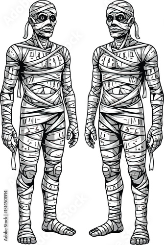 Highly Detailed Black and White Line Art Classic Egyptian Mummies in Symmetrical Standing Poses for Historical Themes, Halloween