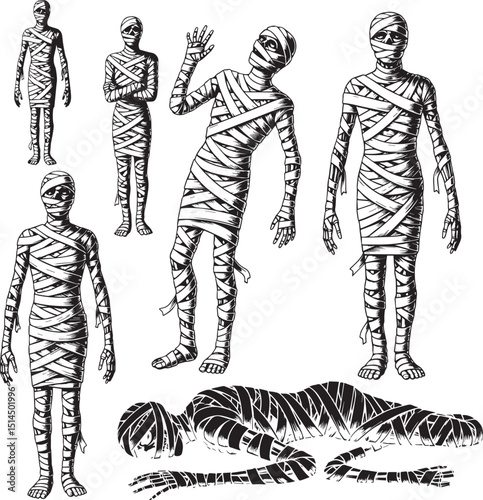 Classic Egyptian Mummies in Standing, Swaying, and Reclining Poses for Halloween Decorations, Horror Comics, and Historical Artwork.