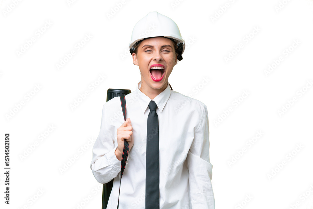 Young architect woman with helmet and holding blueprints over isolated background with surprise facial expression Young architect woman with helmet and holding blueprints over isolated background with surprise facial expression