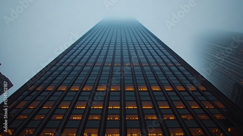 Low angle view of a tall skyscraper with many windows on a foggy day reaching into the sky