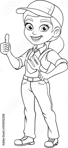 A woman female gardener or farmer holding a garden fork gardening tool cartoon character mascot.