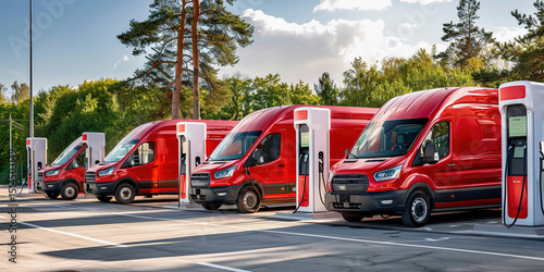 Fleet of Red Electric Vans Recharging at Outdoor Station