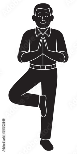 Silhouette of a man in tree pose, one foot resting on the inner thigh and hands together at chest
